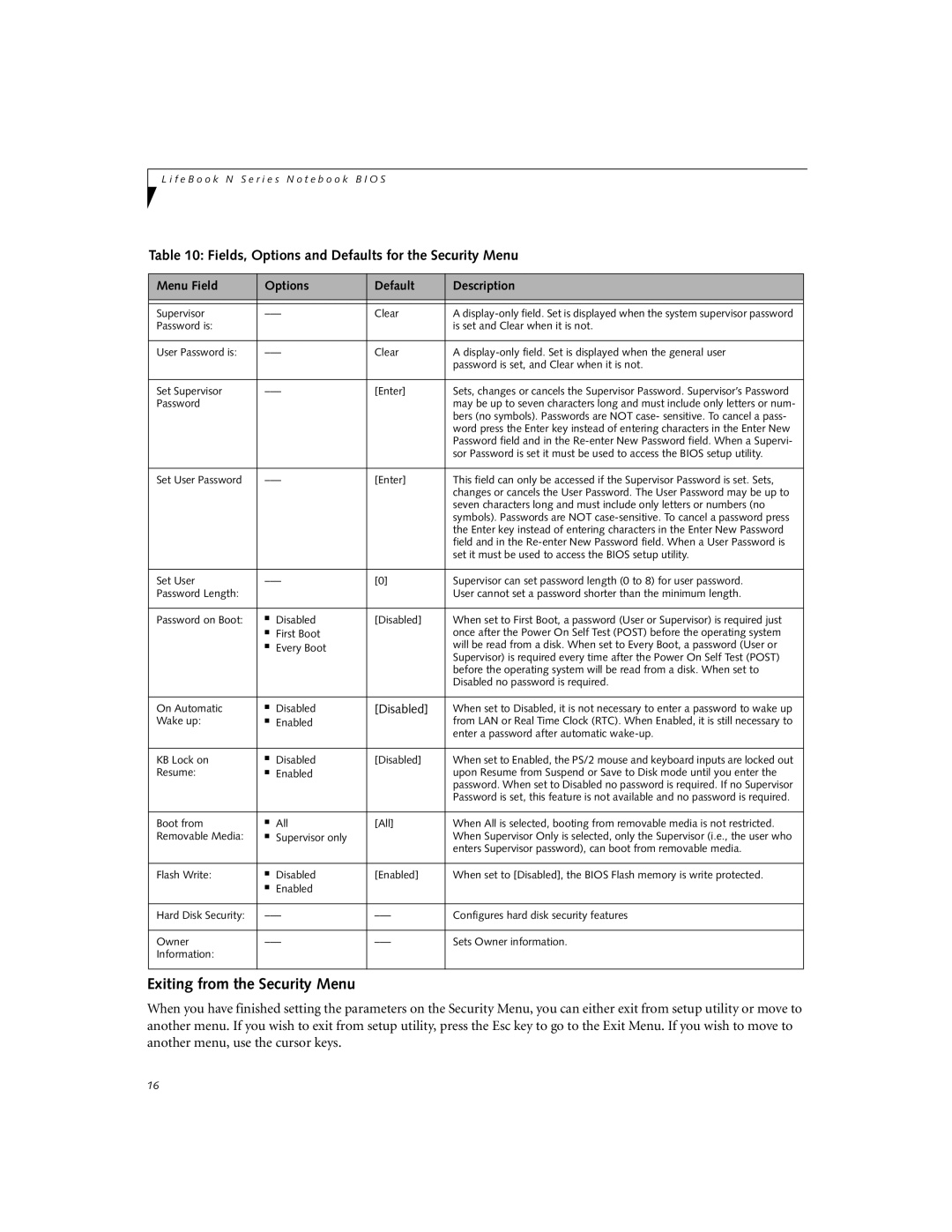 Fujitsu N3430 manual Exiting from the Security Menu, Fields, Options and Defaults for the Security Menu 