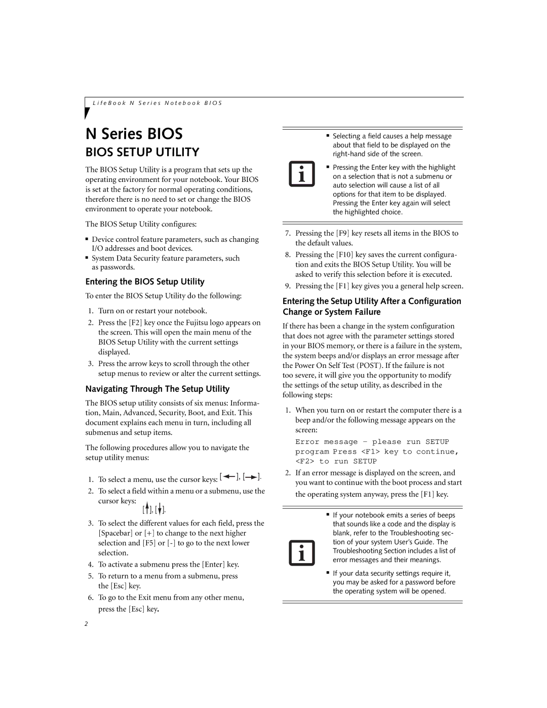 Fujitsu N3430 manual Entering the Bios Setup Utility, Navigating Through The Setup Utility 