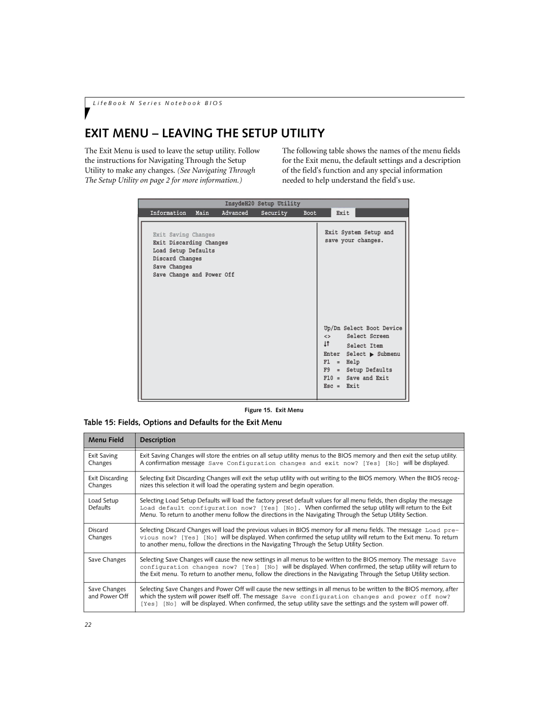 Fujitsu N3430 manual Exit Menu Leaving the Setup Utility, Fields, Options and Defaults for the Exit Menu 