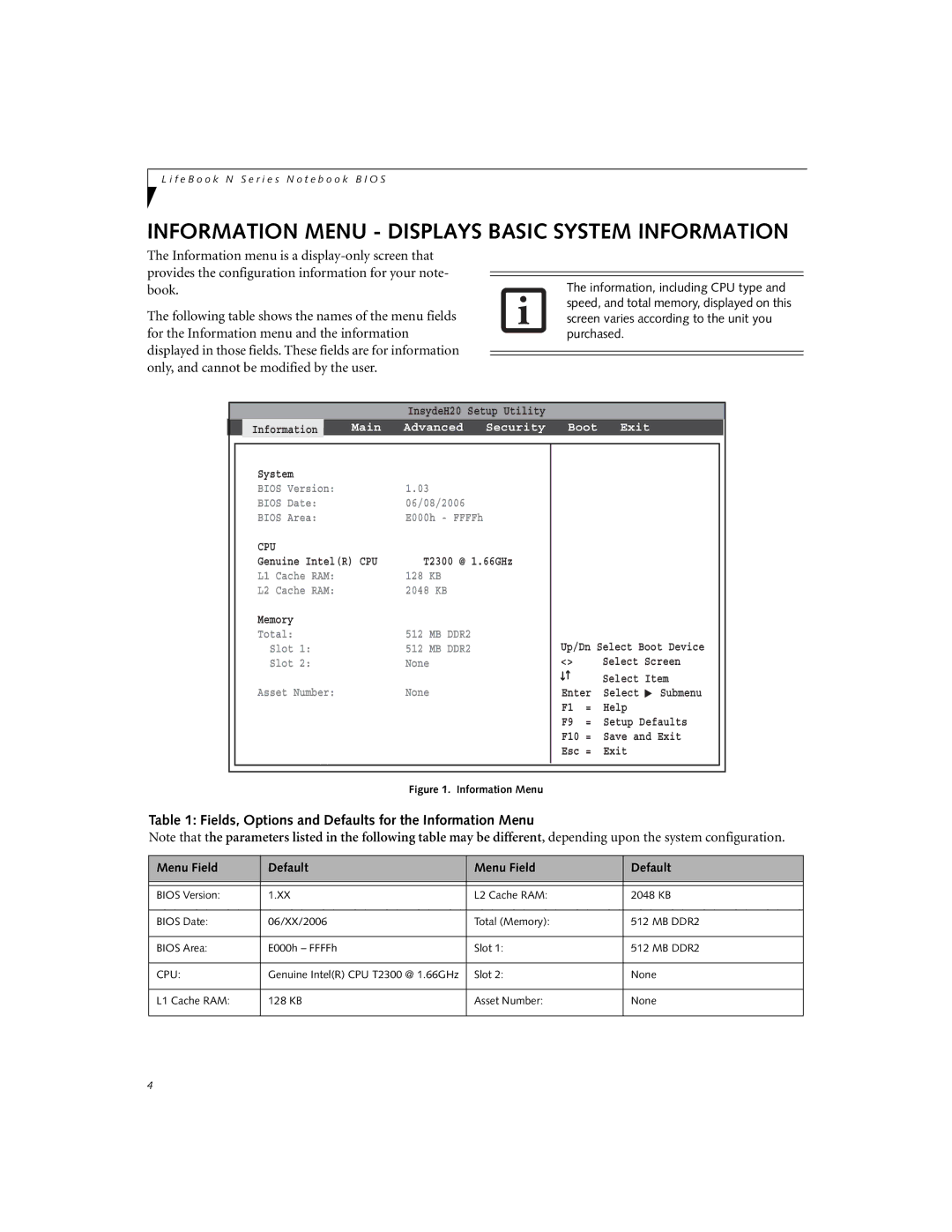 Fujitsu N3430 Information Menu Displays Basic System Information, Fields, Options and Defaults for the Information Menu 