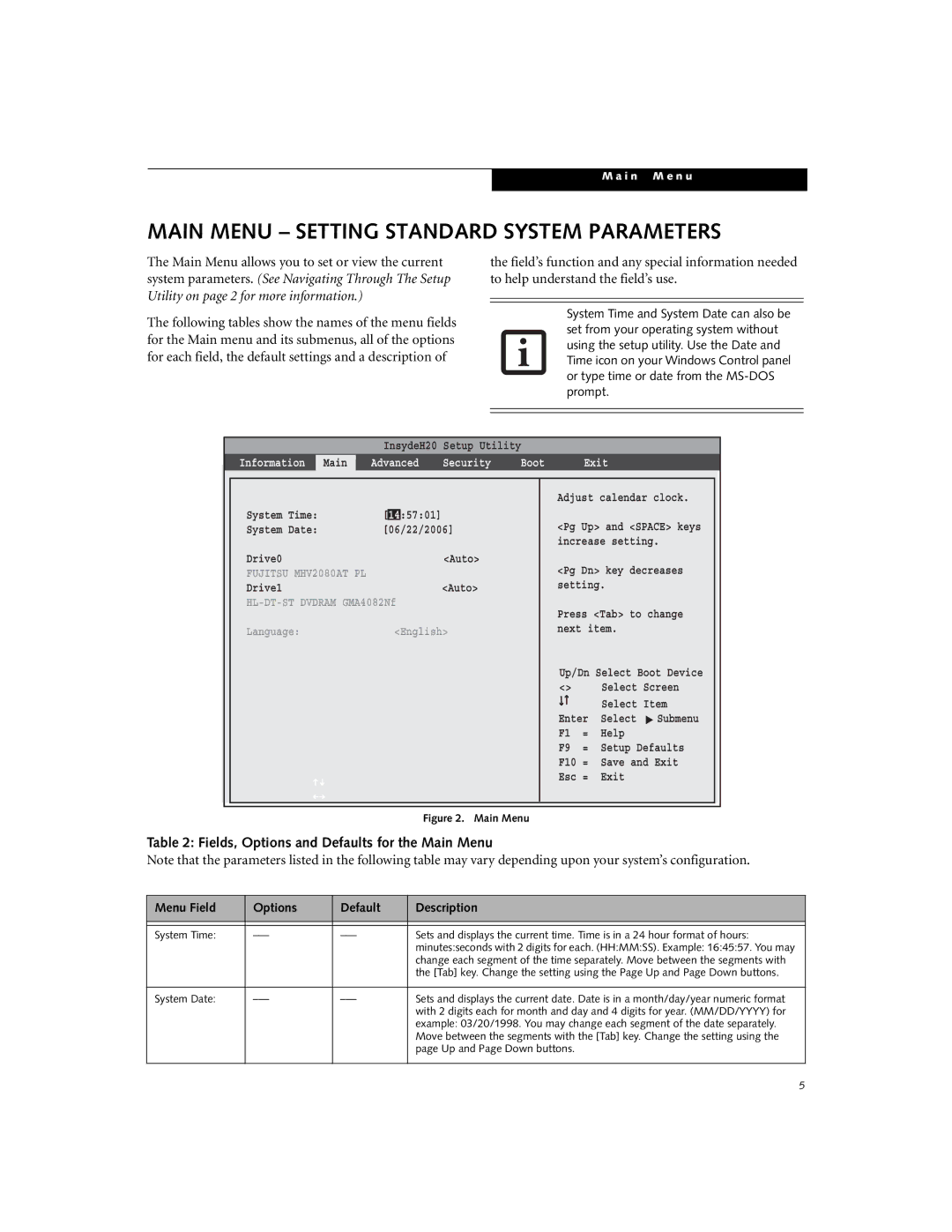 Fujitsu N3430 manual Main Menu Setting Standard System Parameters, Fields, Options and Defaults for the Main Menu 