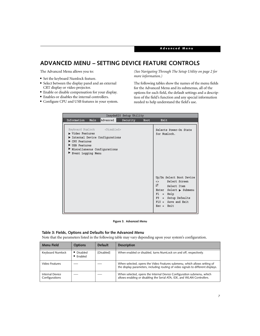 Fujitsu N3430 manual Advanced Menu Setting Device Feature Controls, Fields, Options and Defaults for the Advanced Menu 