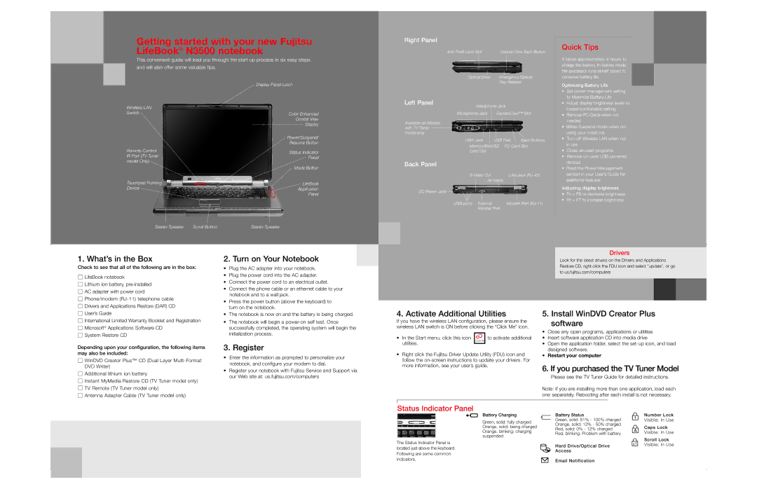 Fujitsu N3510 warranty What’s in the Box, Turn on Your Notebook, Register, Activate Additional Utilities 