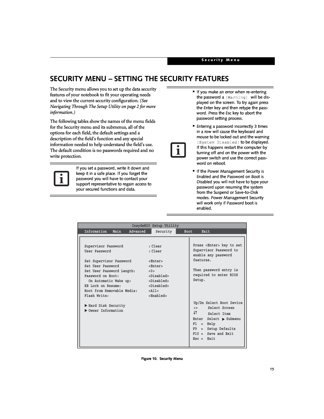 Fujitsu N3530 manual Security Menu - Setting The Security Features, S e c u r i t y M e n u 