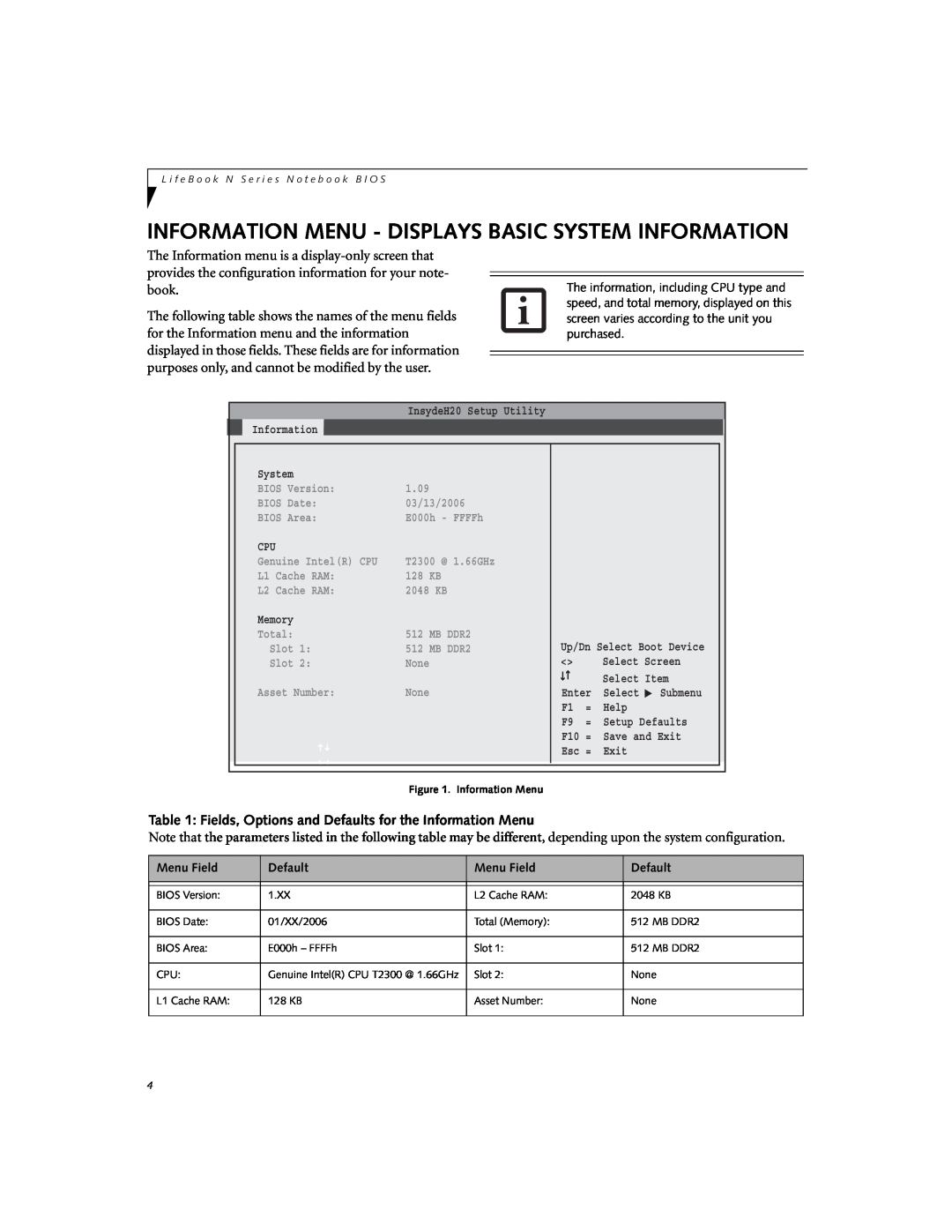 Fujitsu N3530 Information Menu - Displays Basic System Information, Fields, Options and Defaults for the Information Menu 