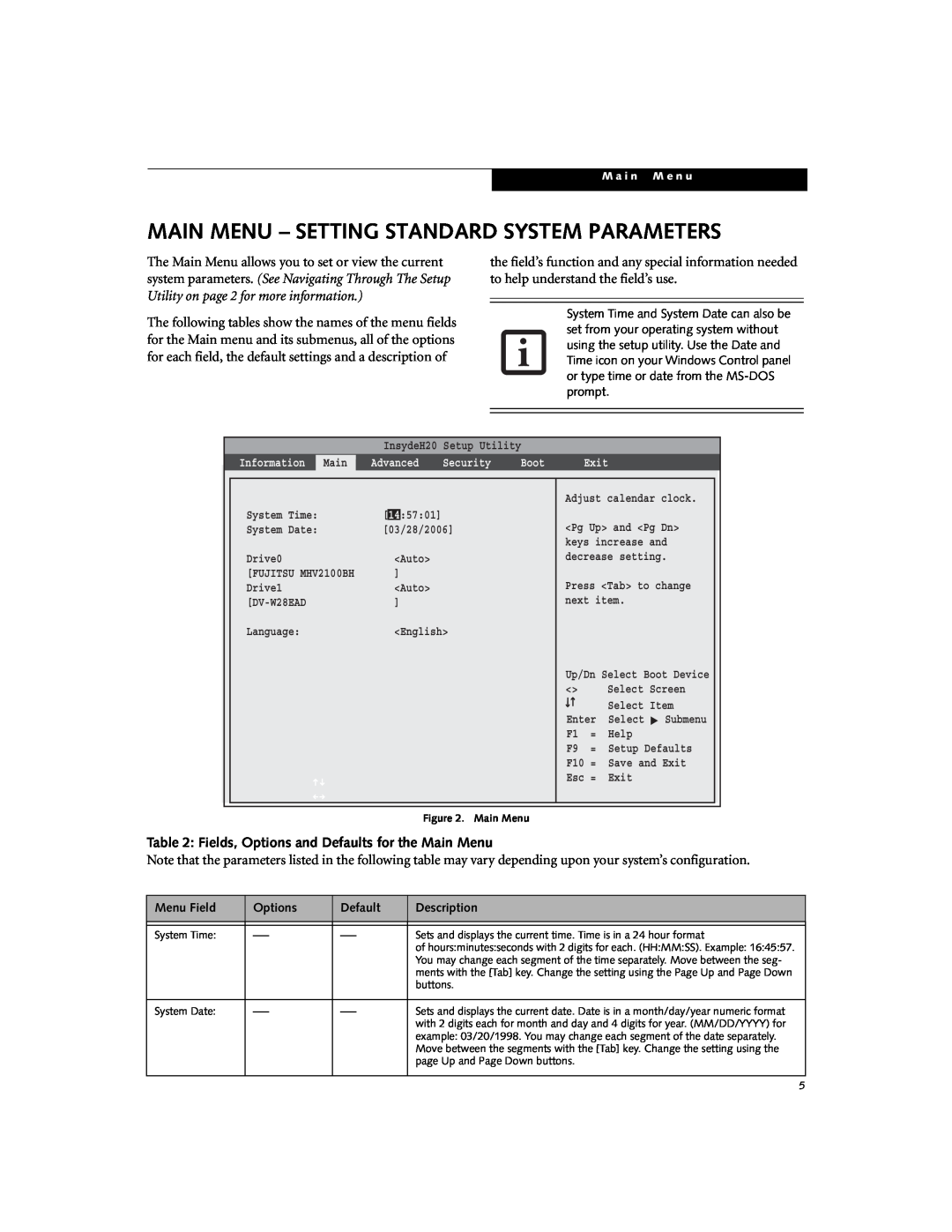 Fujitsu N3530 manual Main Menu - Setting Standard System Parameters, Fields, Options and Defaults for the Main Menu 