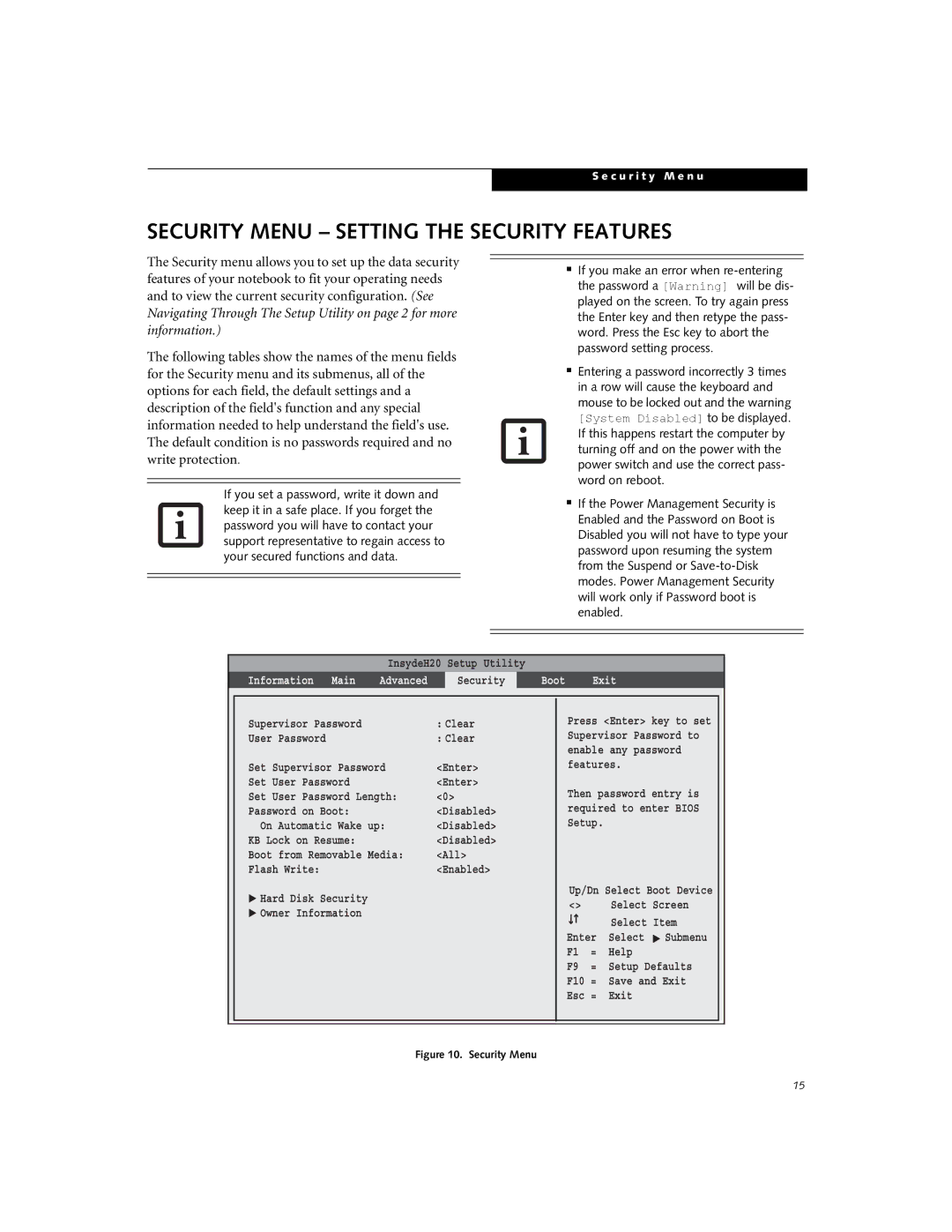 Fujitsu N3530 manual Security Menu Setting the Security Features, Hard Disk Security Owner Information 