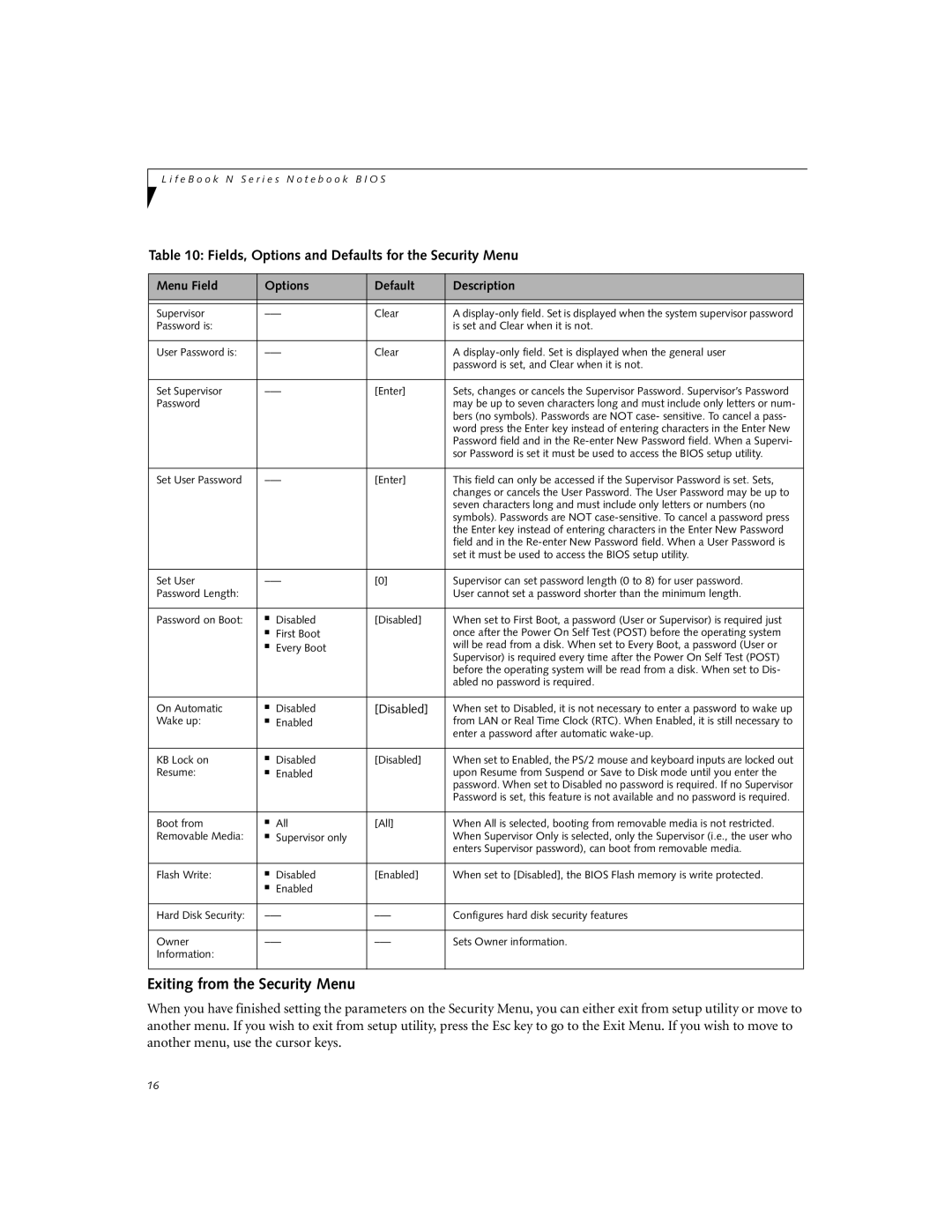 Fujitsu N3530 manual Exiting from the Security Menu, Fields, Options and Defaults for the Security Menu 