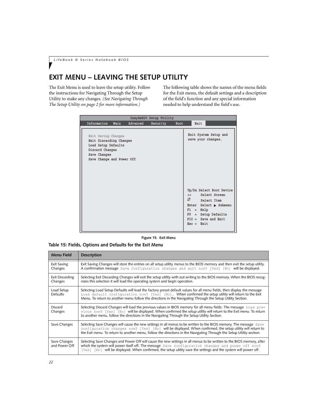 Fujitsu N3530 manual Exit Menu Leaving the Setup Utility, Fields, Options and Defaults for the Exit Menu 