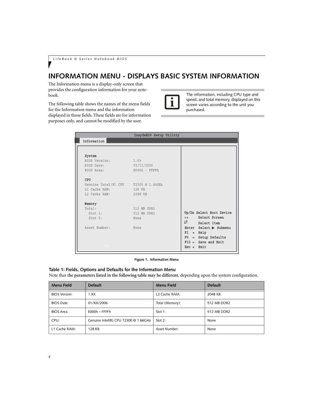 Fujitsu N3530 Information Menu Displays Basic System Information, Fields, Options and Defaults for the Information Menu 