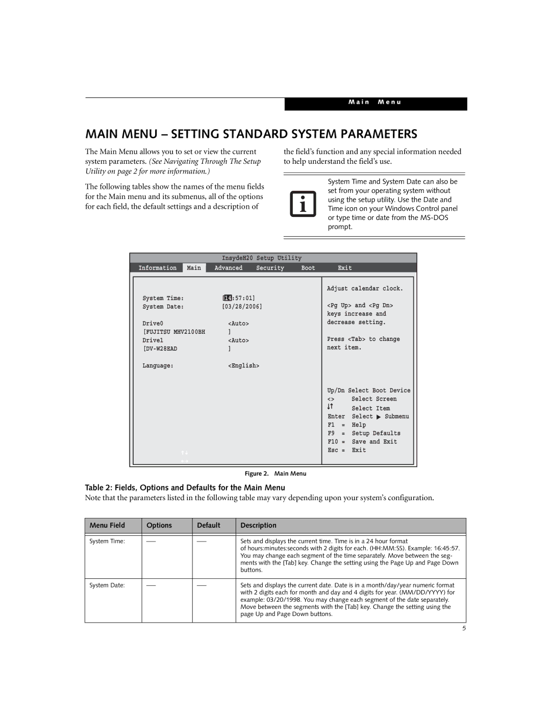 Fujitsu N3530 manual Main Menu Setting Standard System Parameters, Fields, Options and Defaults for the Main Menu 