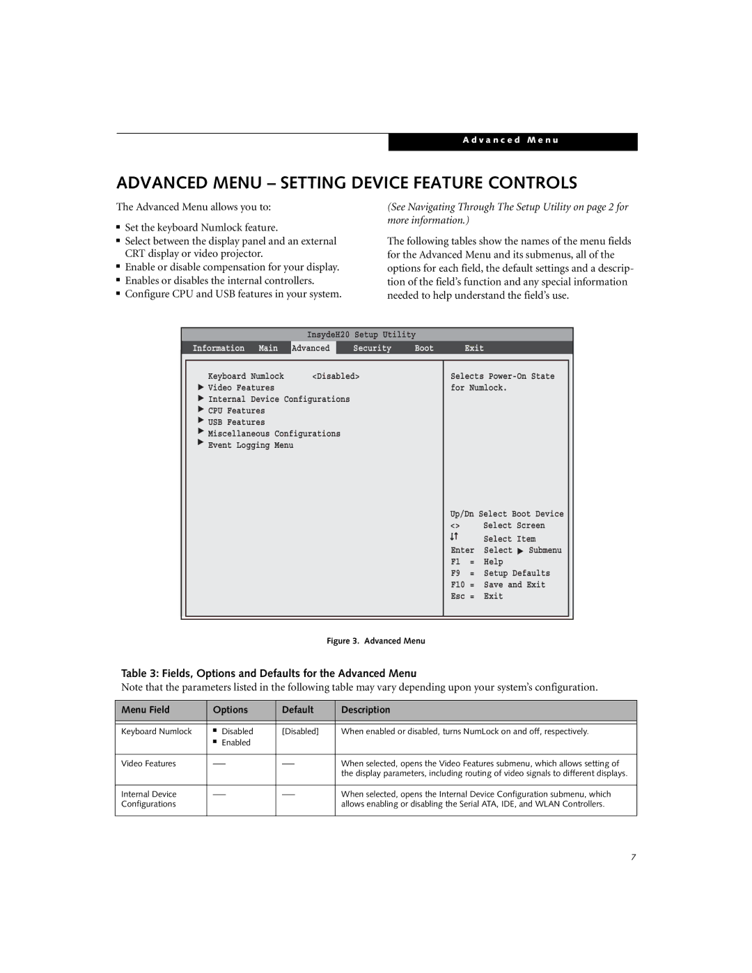 Fujitsu N3530 manual Advanced Menu Setting Device Feature Controls, Fields, Options and Defaults for the Advanced Menu 