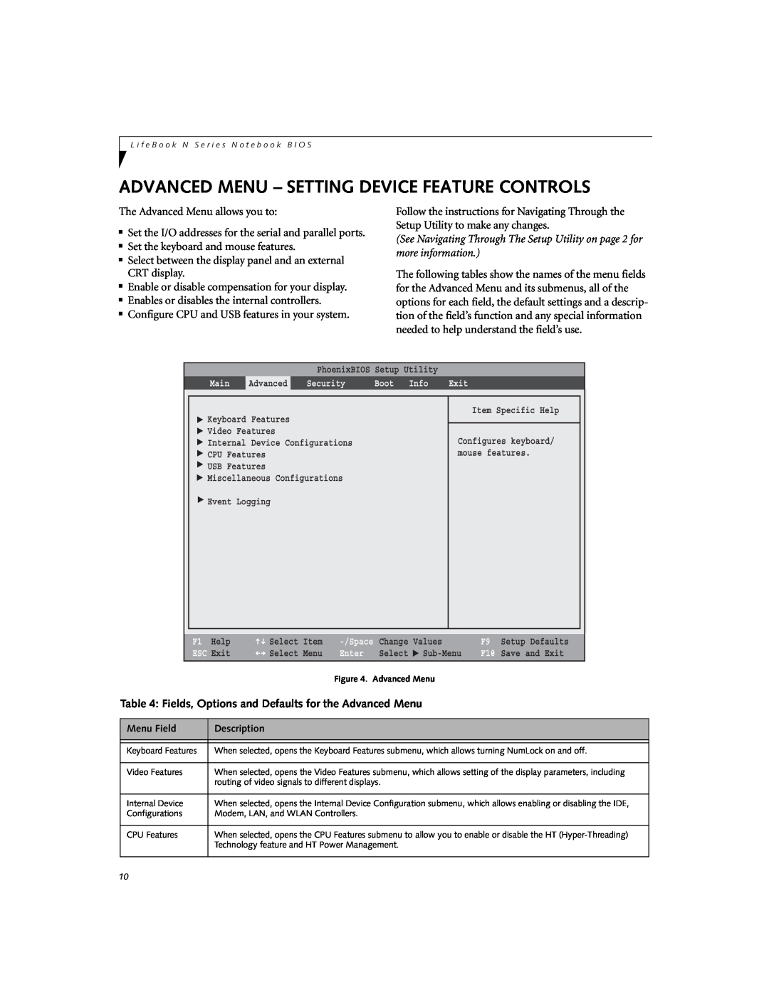 Fujitsu N6000 manual Advanced Menu - Setting Device Feature Controls, Fields, Options and Defaults for the Advanced Menu 