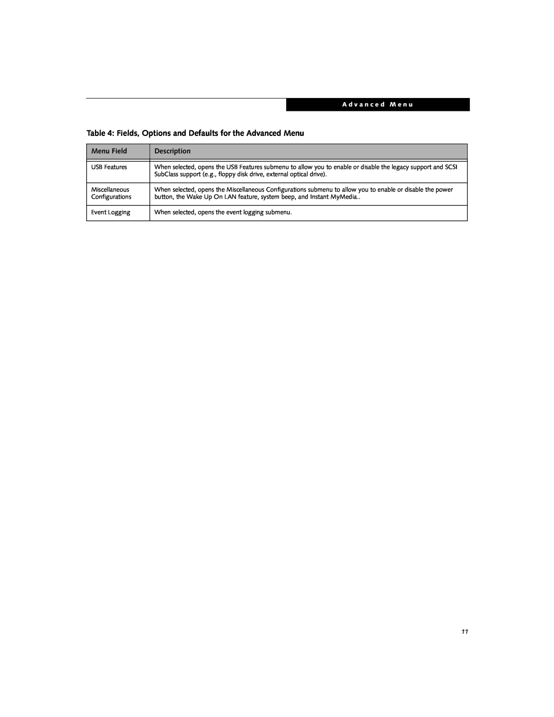 Fujitsu N6000 manual Fields, Options and Defaults for the Advanced Menu, Menu Field, Description, A d v a n c e d M e n u 