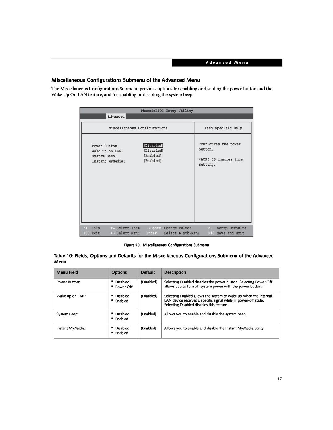 Fujitsu N6000 Miscellaneous Configurations Submenu of the Advanced Menu, Disabled, Main, Security, ESC Exit, Enter 