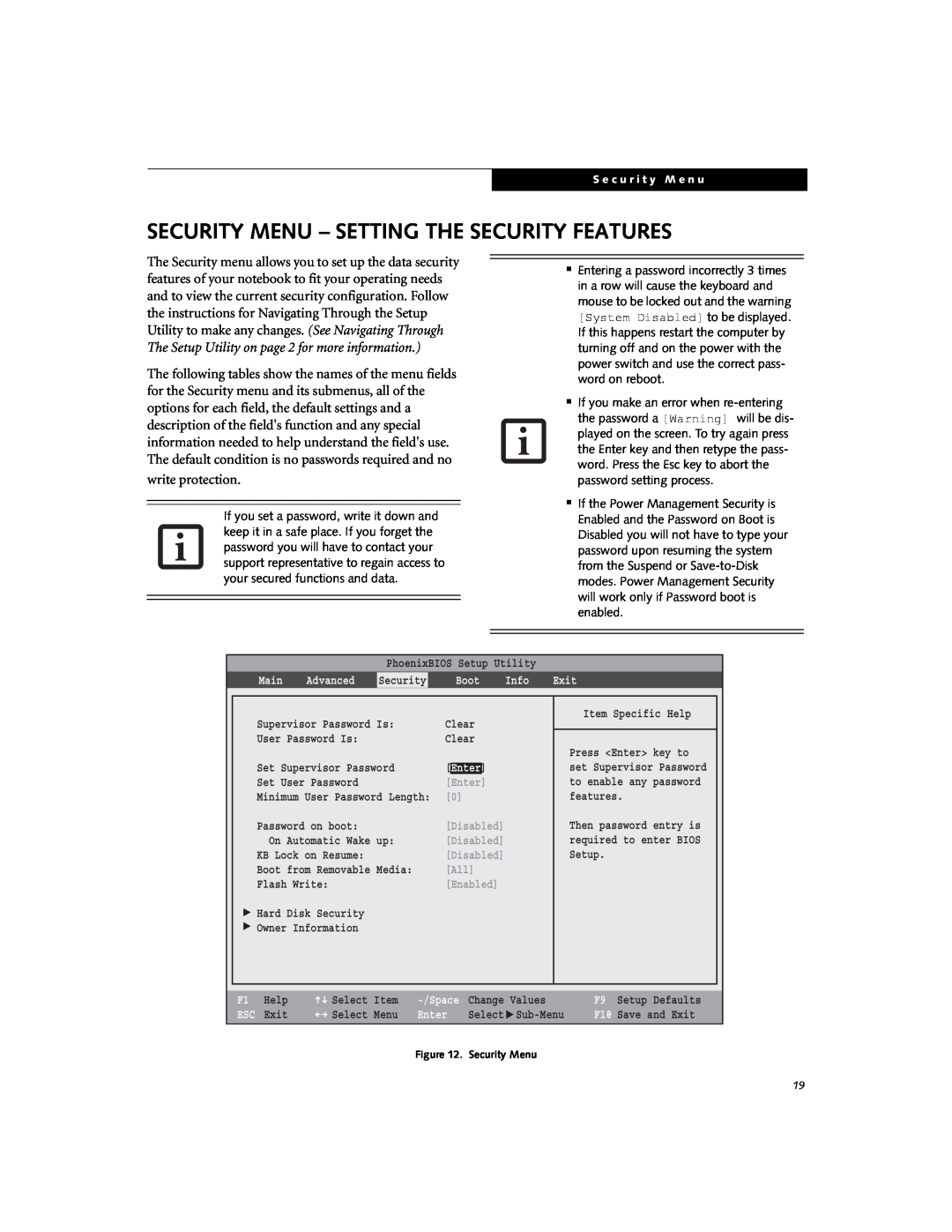 Fujitsu N6000 manual Security Menu - Setting The Security Features, write protection, Enter, Main, Boot, Info, Exit 