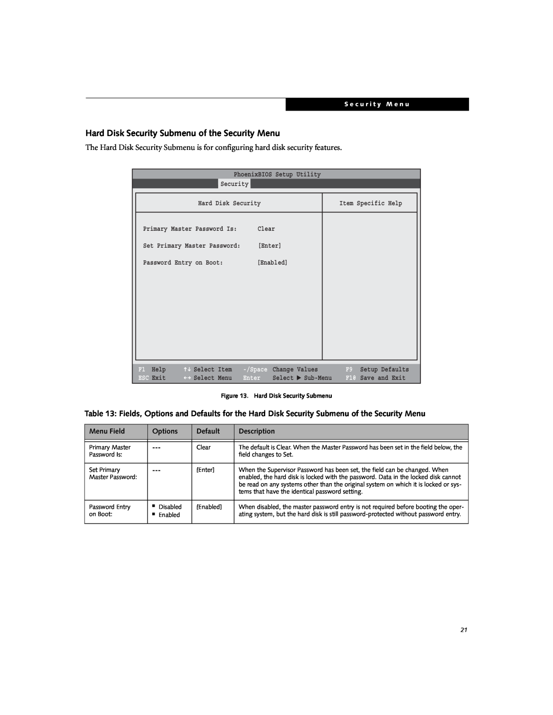 Fujitsu N6000 Hard Disk Security Submenu of the Security Menu, Main Advanced Security Power Savings Exit, ESC Exit, Enter 