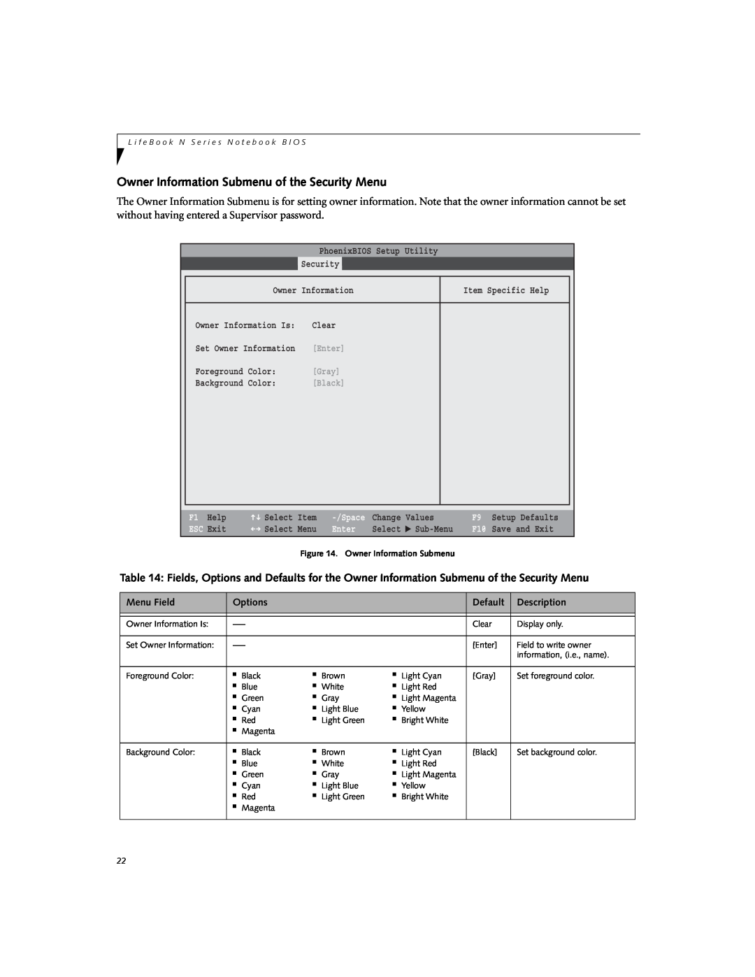 Fujitsu N6000 Owner Information Submenu of the Security Menu, Advanced, Gray, Black, Main, Enter, ESC Exit, Menu Field 