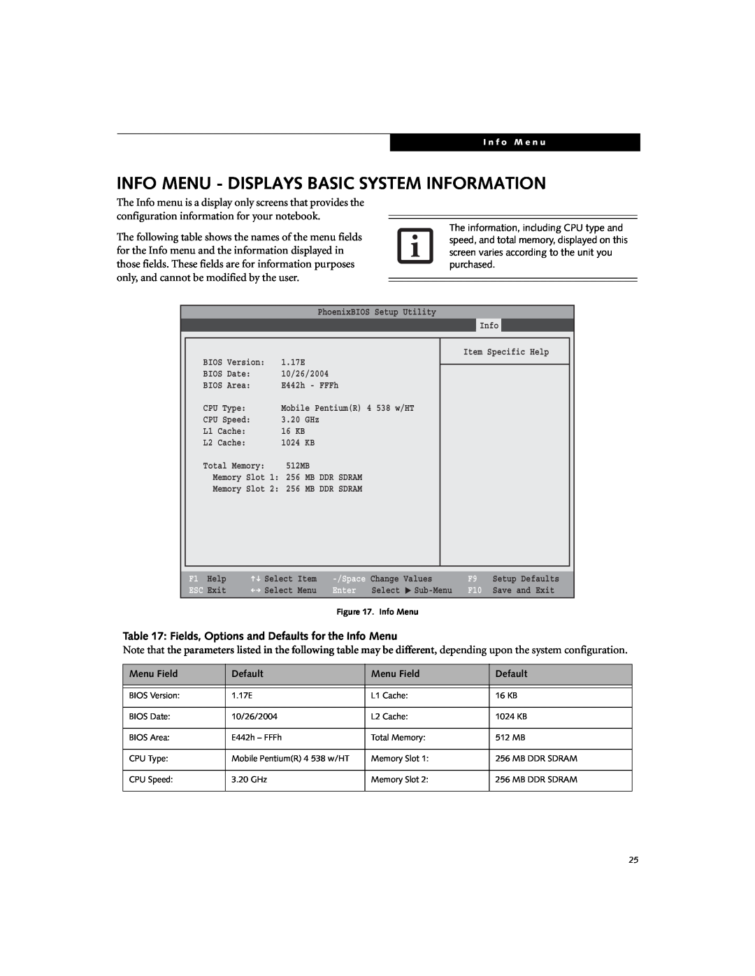 Fujitsu N6000 manual Info Menu - Displays Basic System Information, Fields, Options and Defaults for the Info Menu 