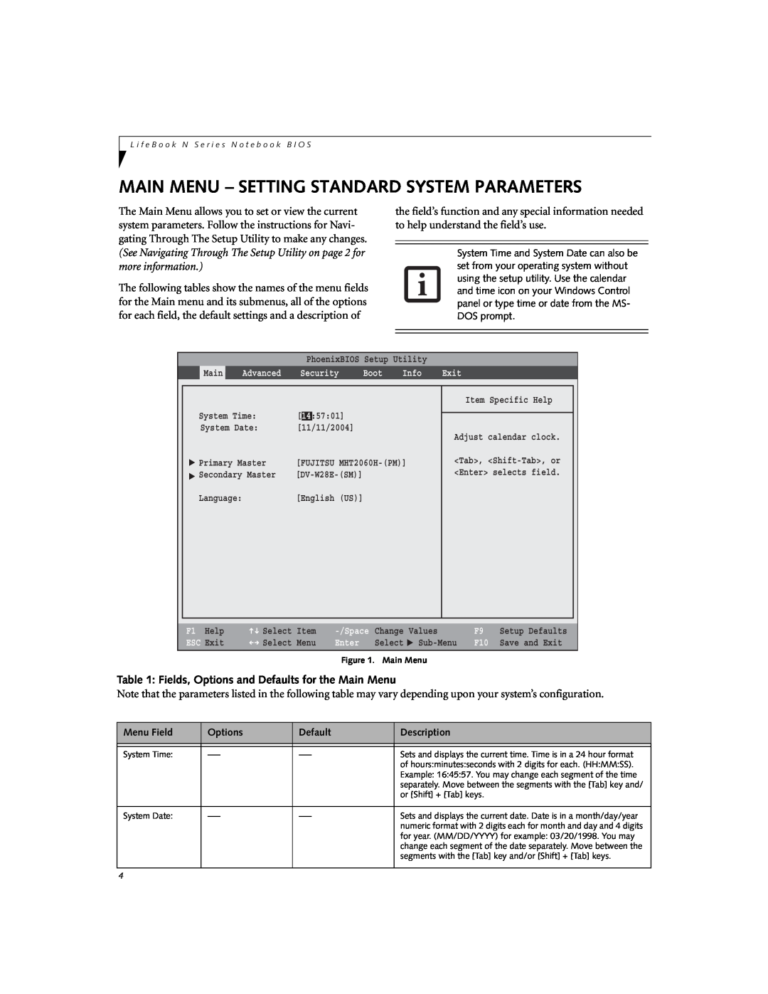 Fujitsu N6000 manual Main Menu - Setting Standard System Parameters, Fields, Options and Defaults for the Main Menu 