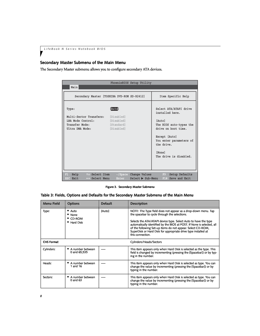 Fujitsu N6000 Secondary Master Submenu of the Main Menu, Disabled, Standard, Auto, Enter, Menu Field, Options, Default 