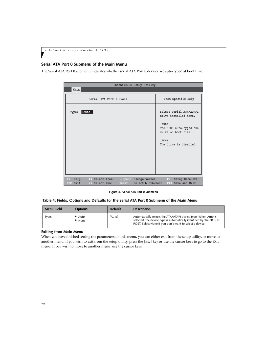 Fujitsu N6110 manual Serial ATA Port 0 Submenu of the Main Menu, Exiting from Main Menu 