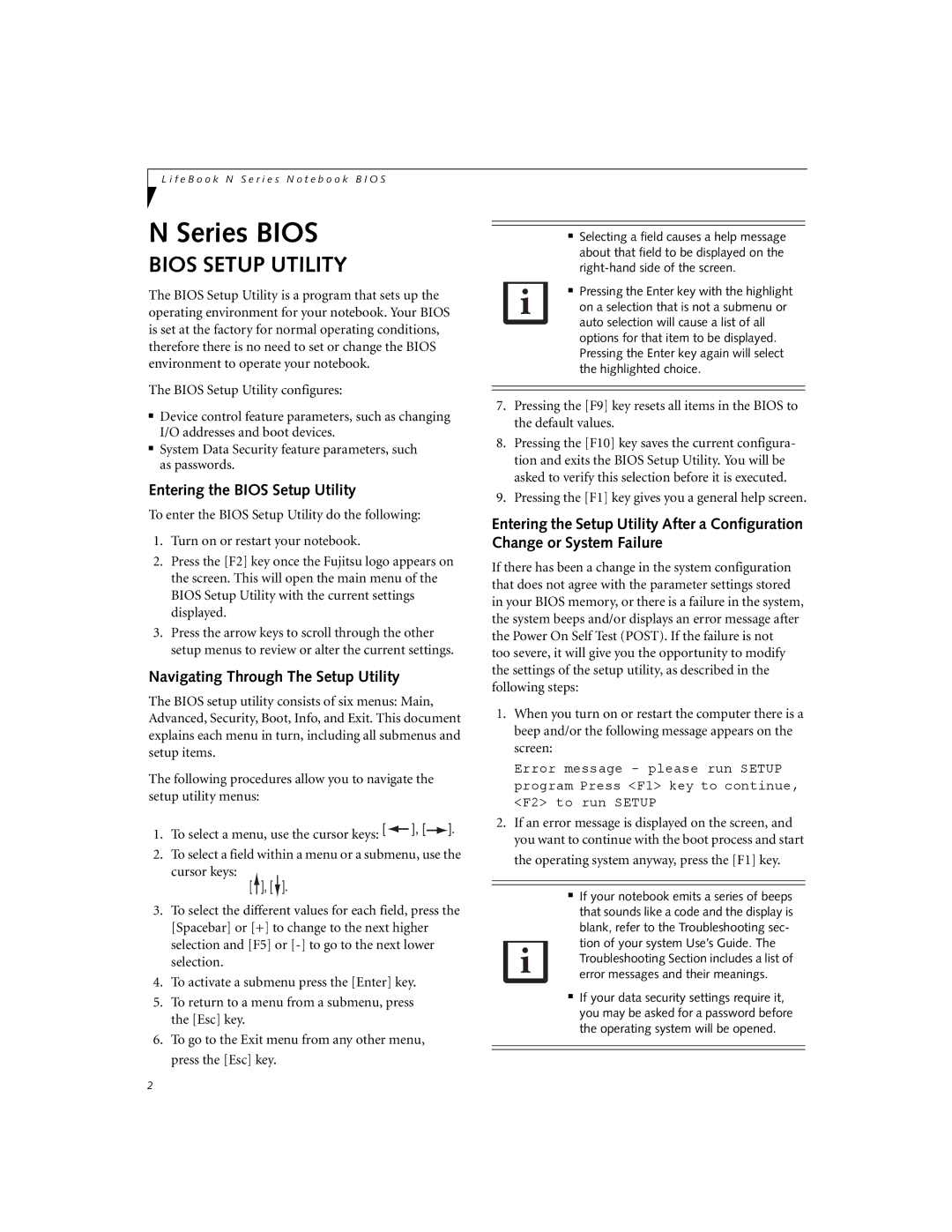 Fujitsu N6110 manual Entering the Bios Setup Utility, Navigating Through The Setup Utility 