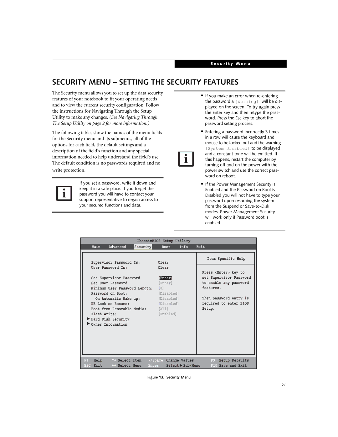 Fujitsu N6110 manual Security Menu Setting the Security Features, Main, Boot Info Exit 