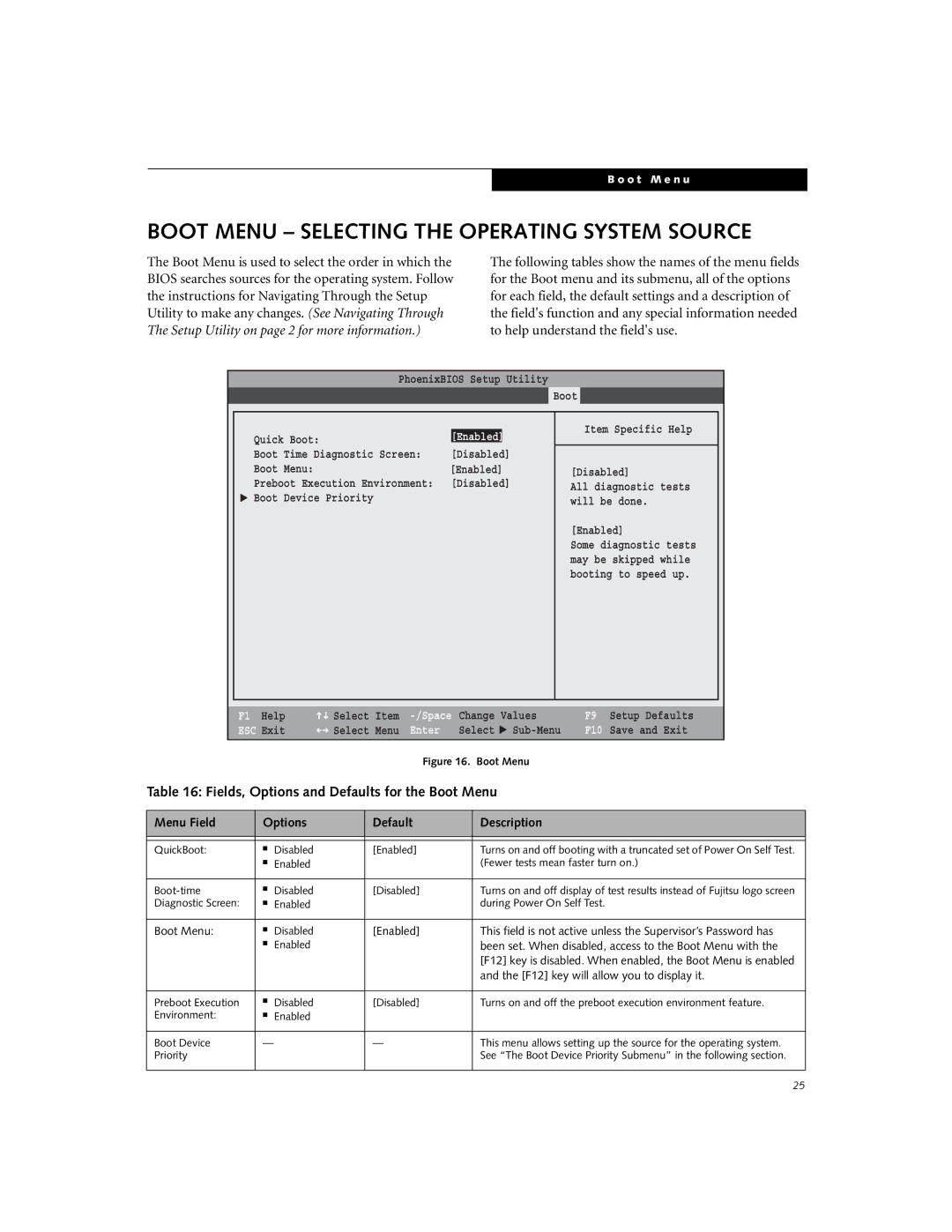 Fujitsu N6110 manual Boot Menu Selecting the Operating System Source, Fields, Options and Defaults for the Boot Menu 