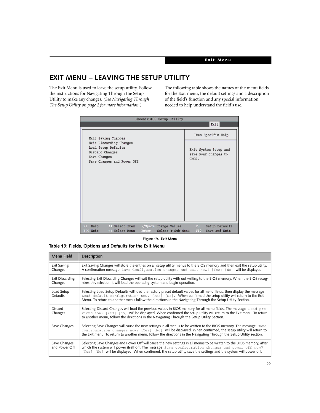 Fujitsu N6110 Exit Menu Leaving the Setup Utility, Fields, Options and Defaults for the Exit Menu, Exit Saving, Changes 