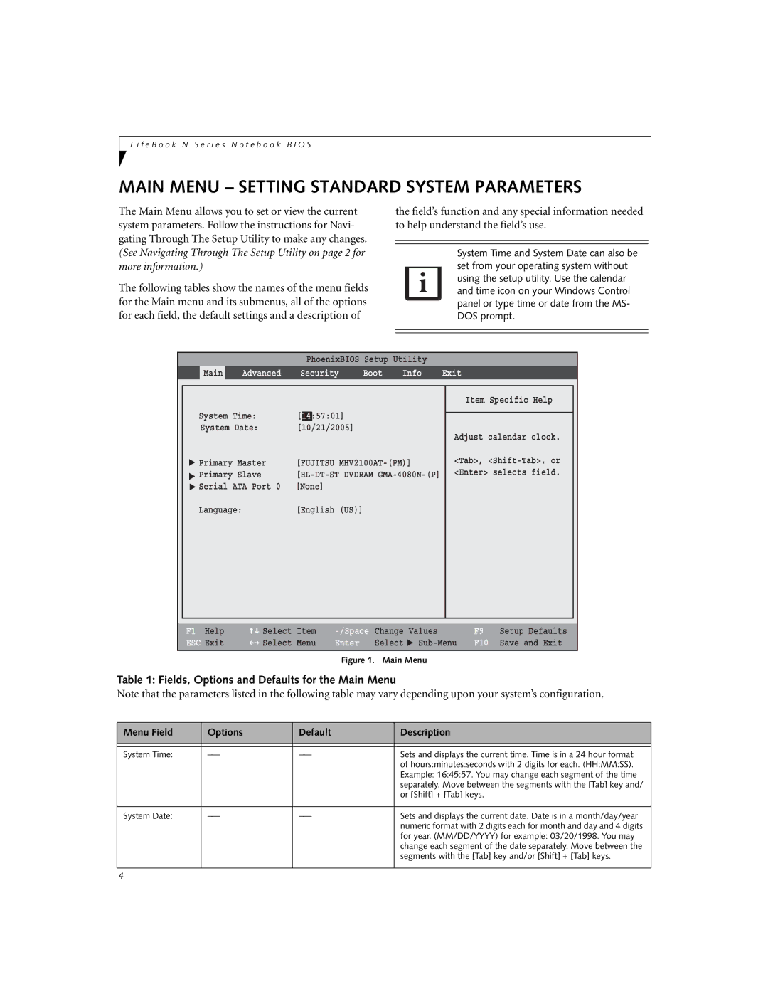 Fujitsu N6110 manual Main Menu Setting Standard System Parameters, Fields, Options and Defaults for the Main Menu 