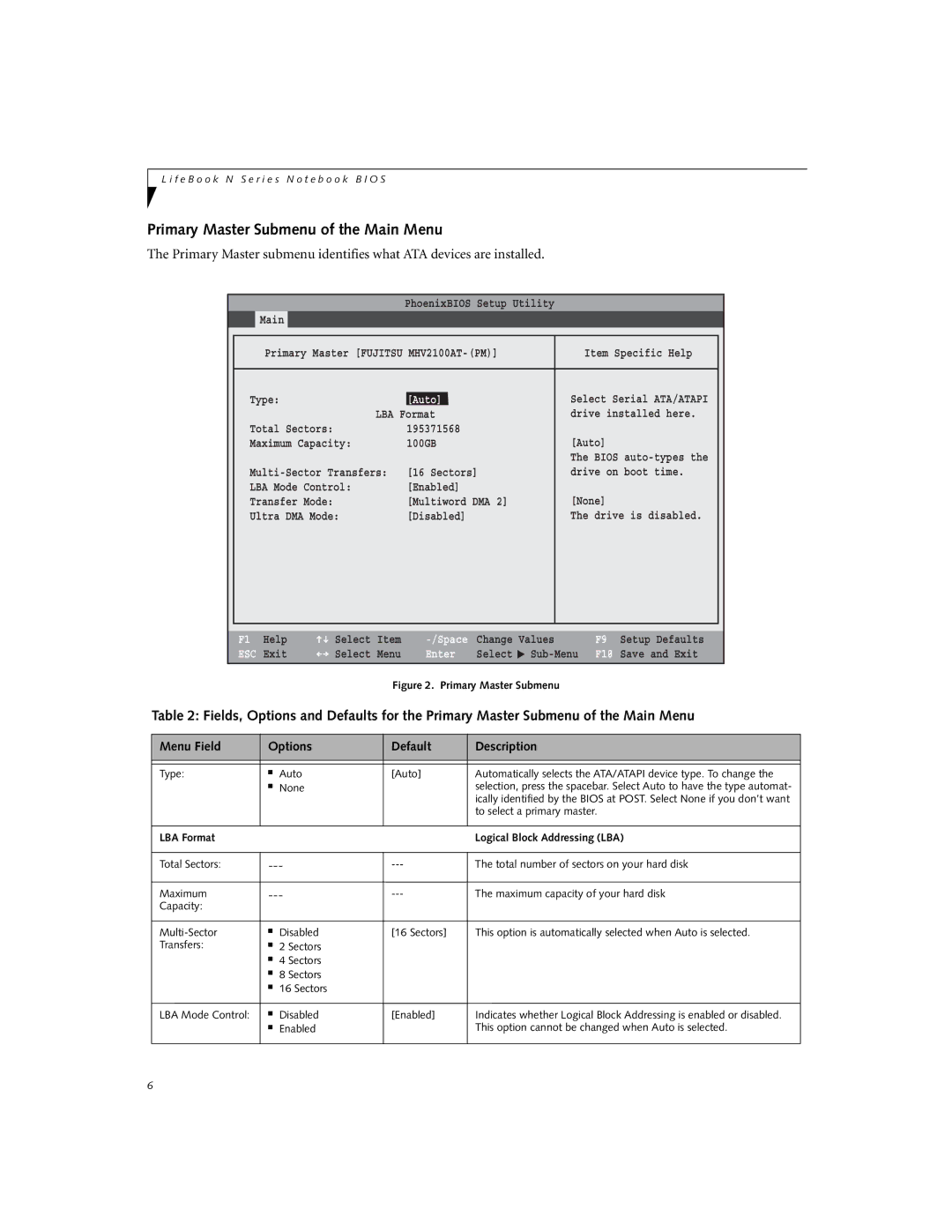 Fujitsu N6110 manual Primary Master Submenu of the Main Menu, Auto, To select a primary master 