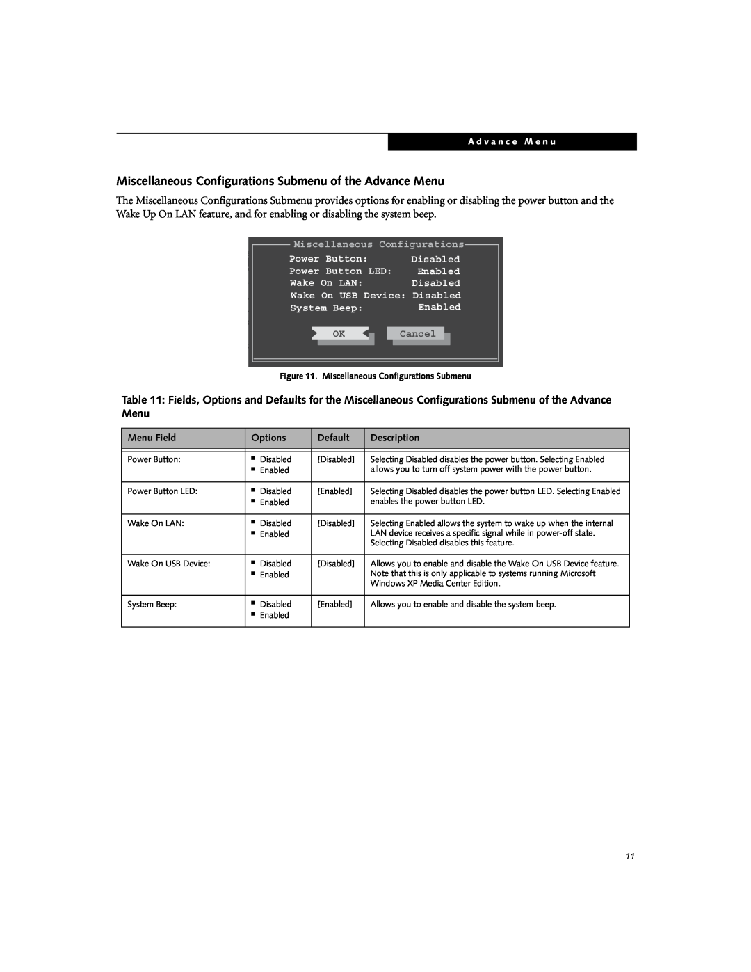 Fujitsu N6220 manual Miscellaneous Configurations Submenu of the Advance Menu, Menu Field, Options, Default, Description 