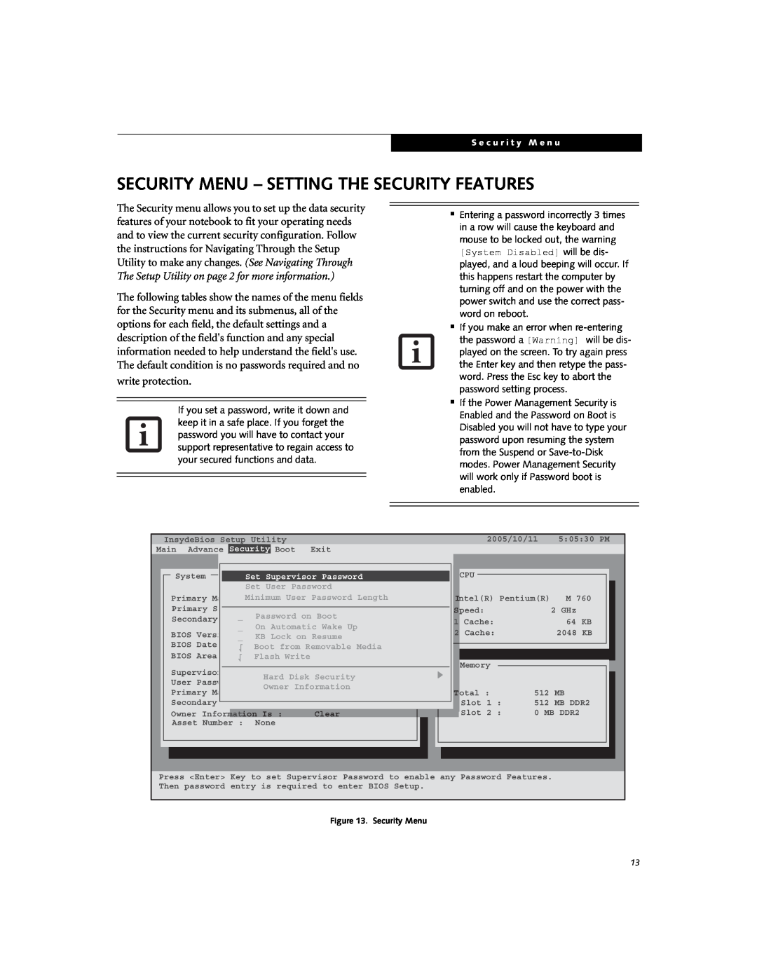 Fujitsu N6220 manual Security Menu - Setting The Security Features, write protection 