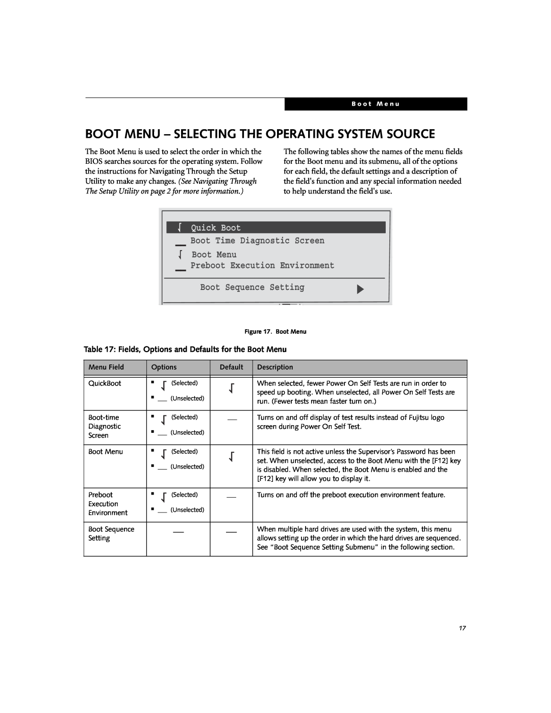 Fujitsu N6220 Boot Menu - Selecting The Operating System Source, Fields, Options and Defaults for the Boot Menu, 040M9AT00 