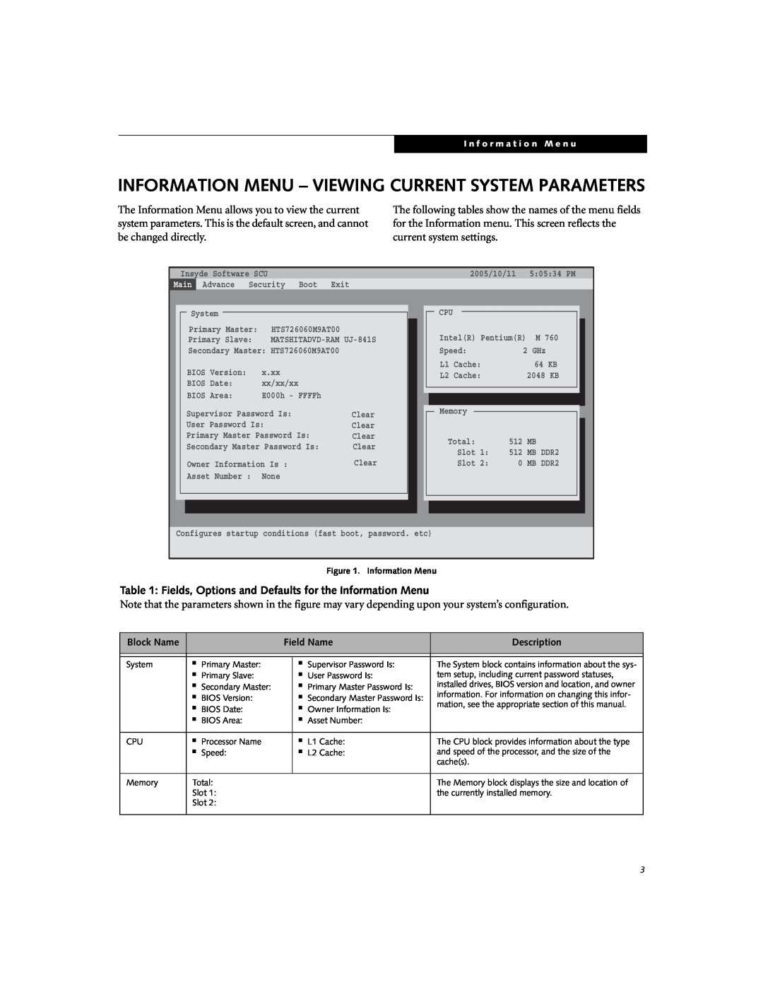 Fujitsu N6220 Fields, Options and Defaults for the Information Menu, Information Menu - Viewing Current System Parameters 
