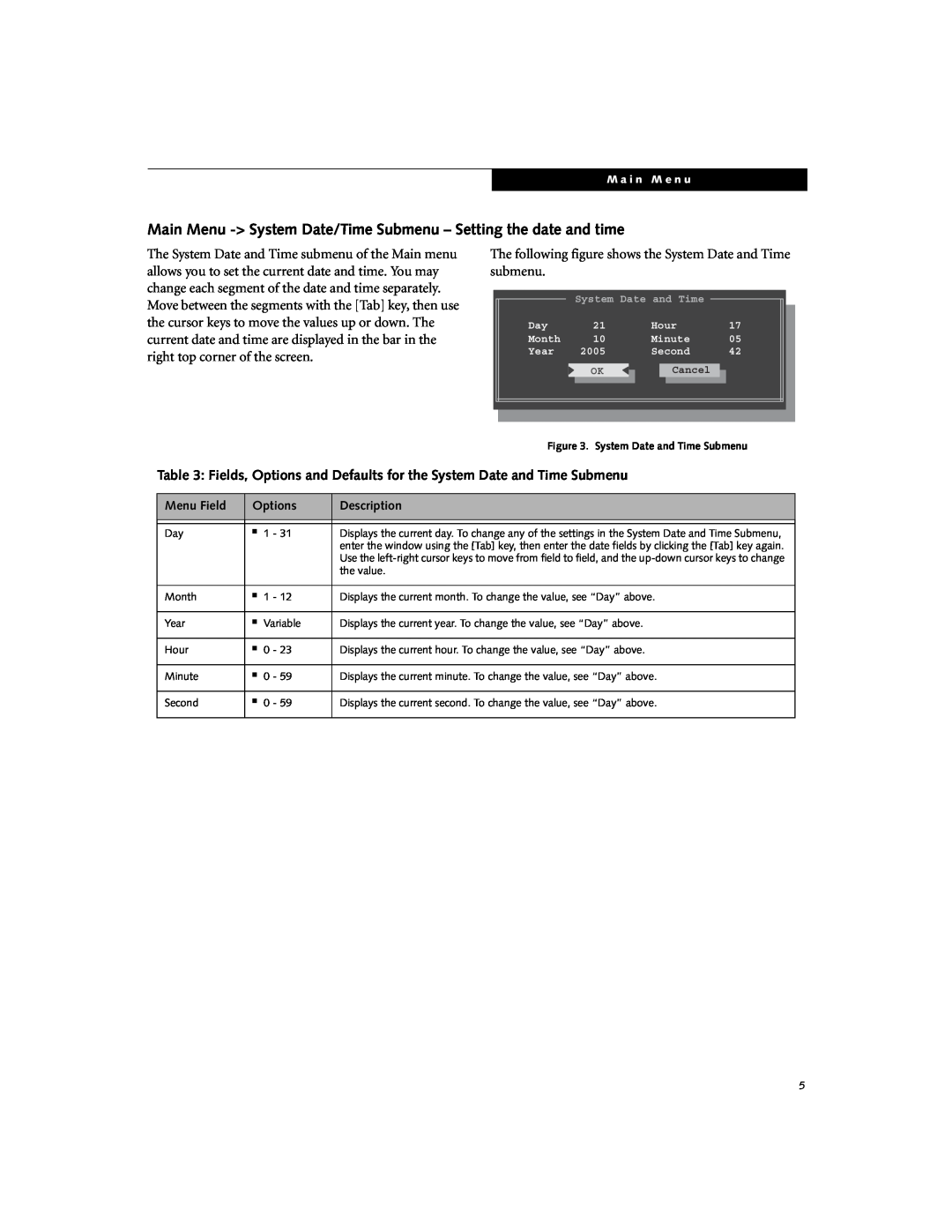 Fujitsu N6220 Main Menu - System Date/Time Submenu - Setting the date and time, submenu, Menu Field, Options, Description 
