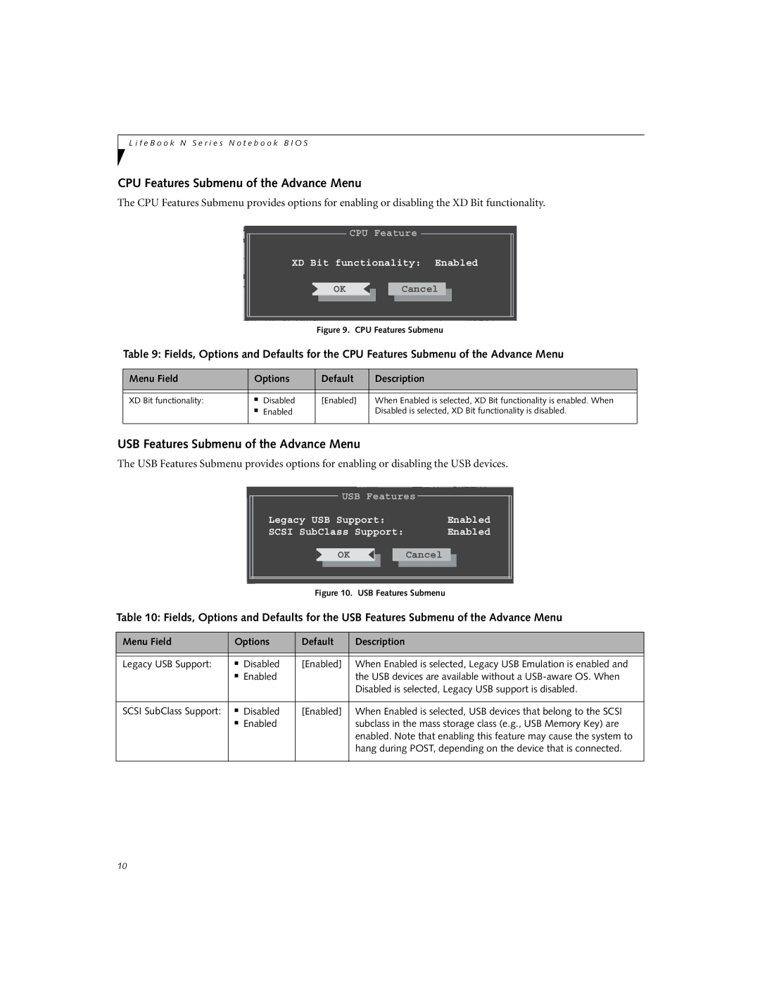 Fujitsu N6220 manual CPU Features Submenu of the Advance Menu, USB Features Submenu of the Advance Menu 