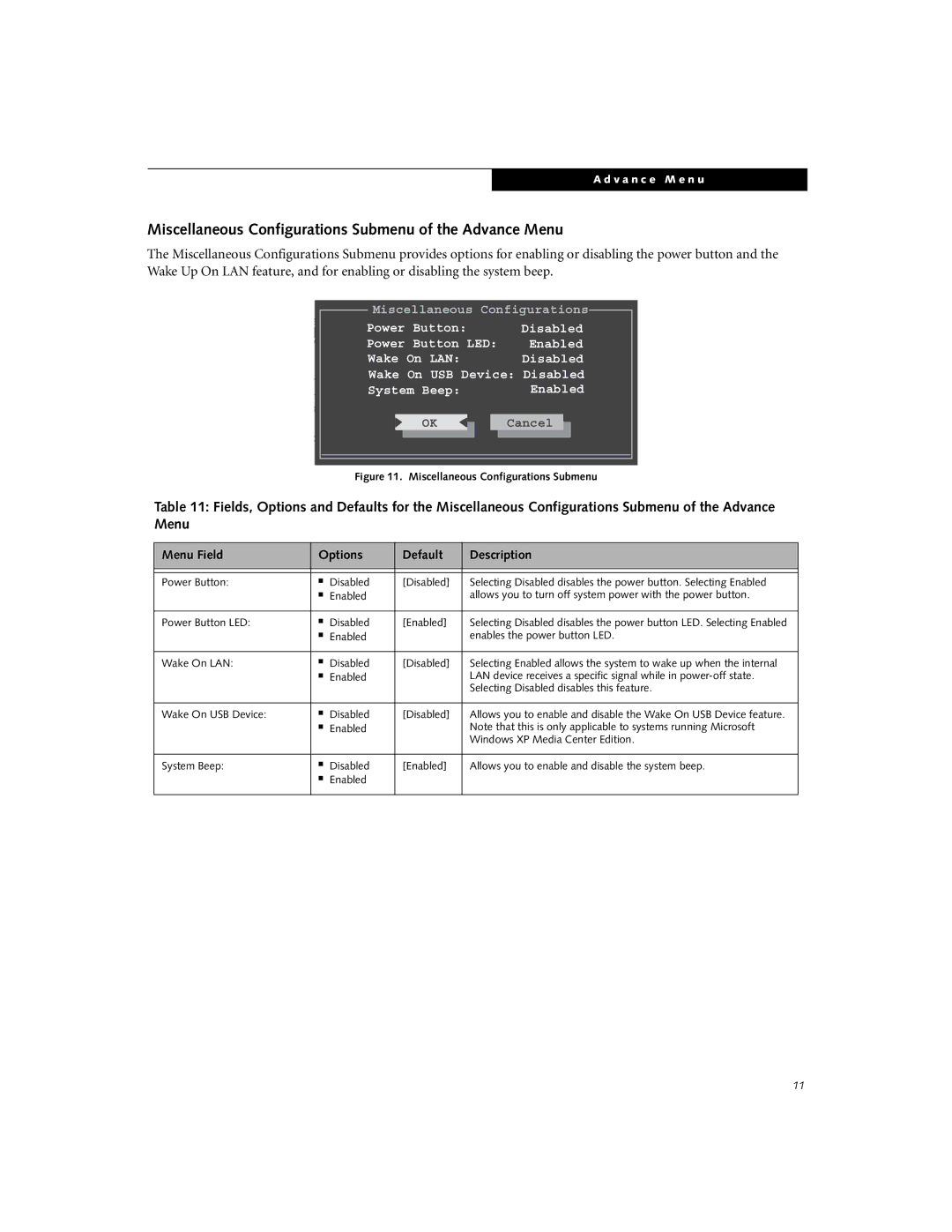 Fujitsu N6220 manual Miscellaneous Configurations Submenu of the Advance Menu, SHITADVD-RAM UJ-831S 