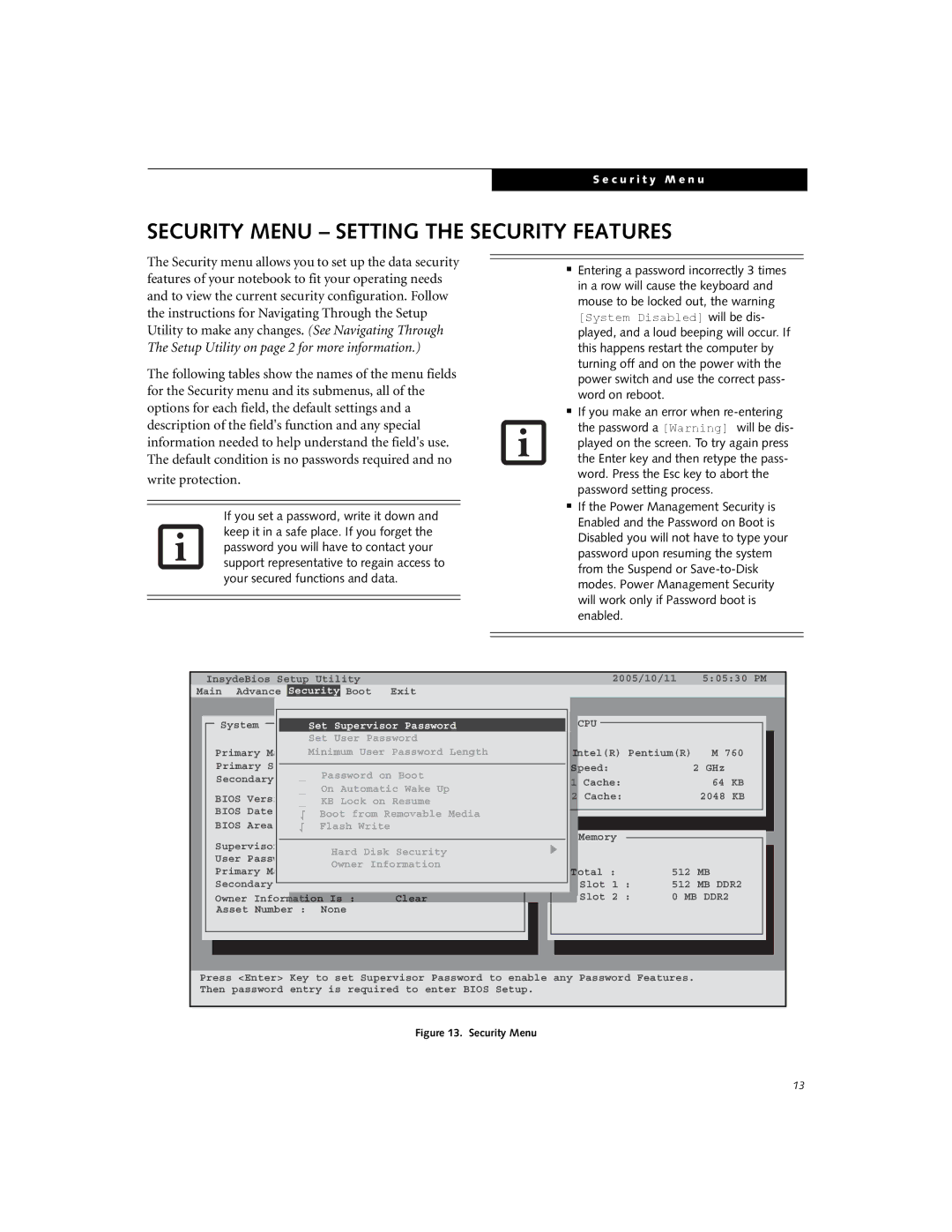 Fujitsu N6220 manual Security Menu Setting the Security Features, Cpu 