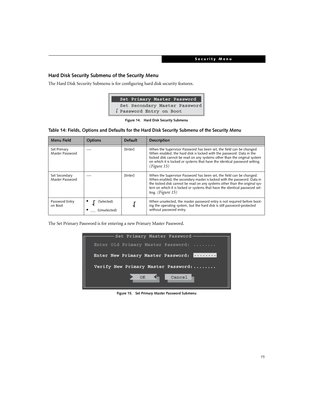 Fujitsu N6220 Hard Disk Security Submenu of the Security Menu, Password Set Primary Master, Set Primary Master Password 