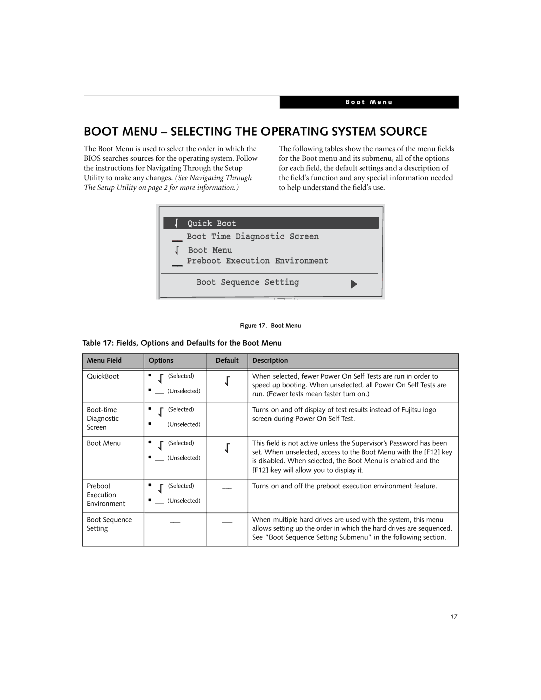 Fujitsu N6220 Boot Menu Selecting the Operating System Source, IntelR Pentium, Preboot Execution, Boot Sequence Setting 