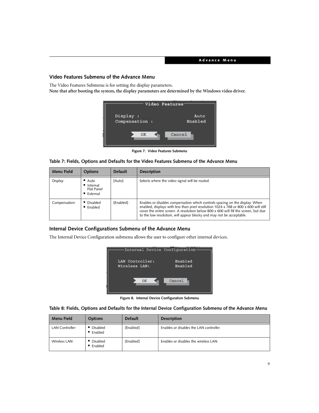 Fujitsu N6220 manual Video Features Submenu of the Advance Menu, Internal Device Configurations Submenu of the Advance Menu 