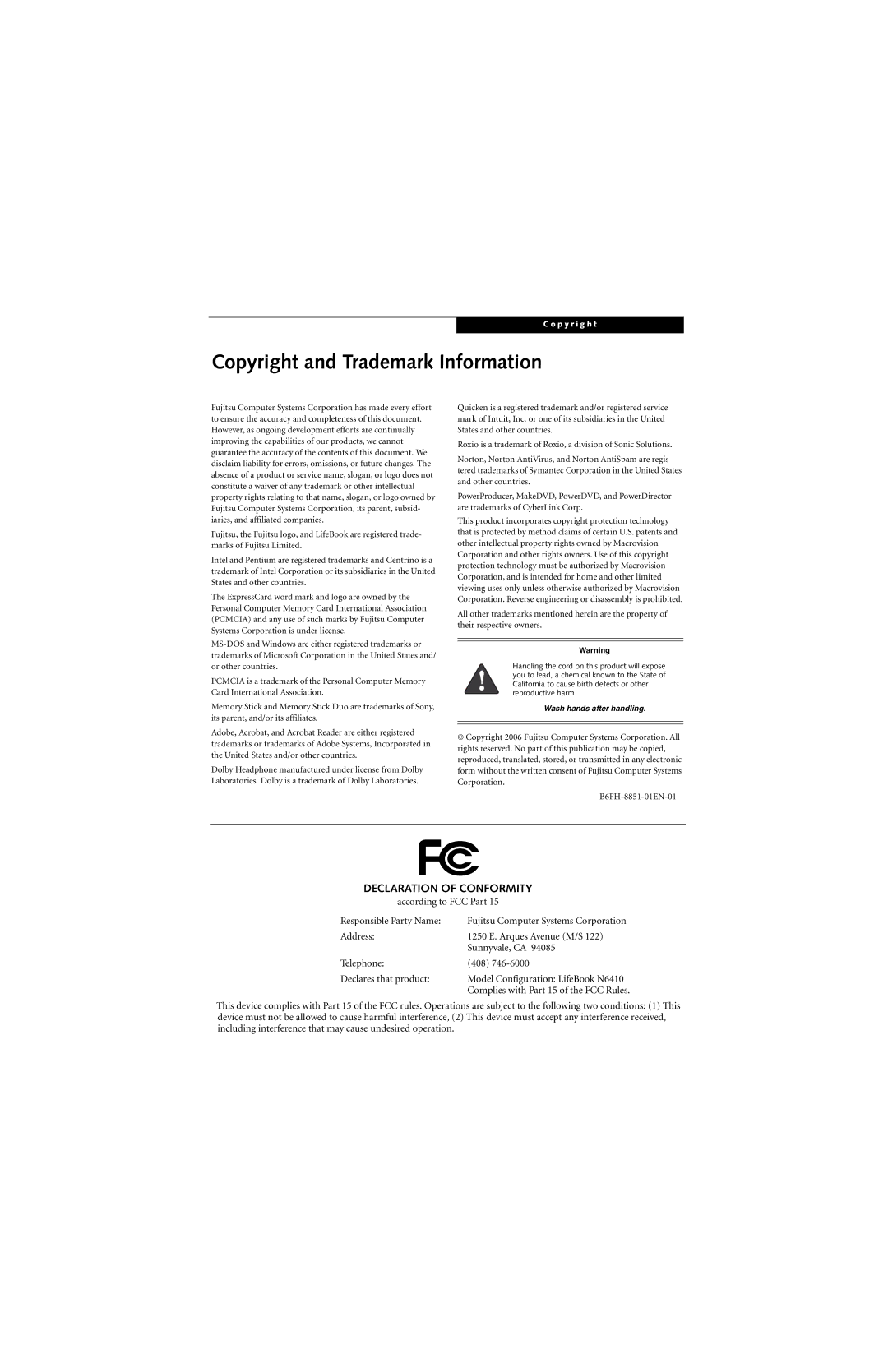 Fujitsu N6400 manual Copyright and Trademark Information, Declaration of Conformity 