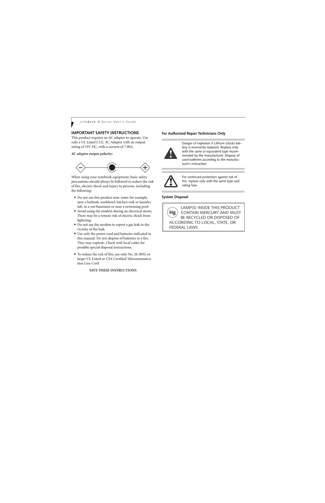 Fujitsu N6400 manual Important Safety Instructions, AC adapter output polarity, For Authorized Repair Technicians Only 