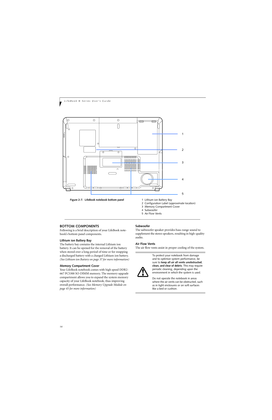 Fujitsu N6400 manual Bottom Components, Lithium ion Battery Bay, Memory Compartment Cover, Subwoofer 