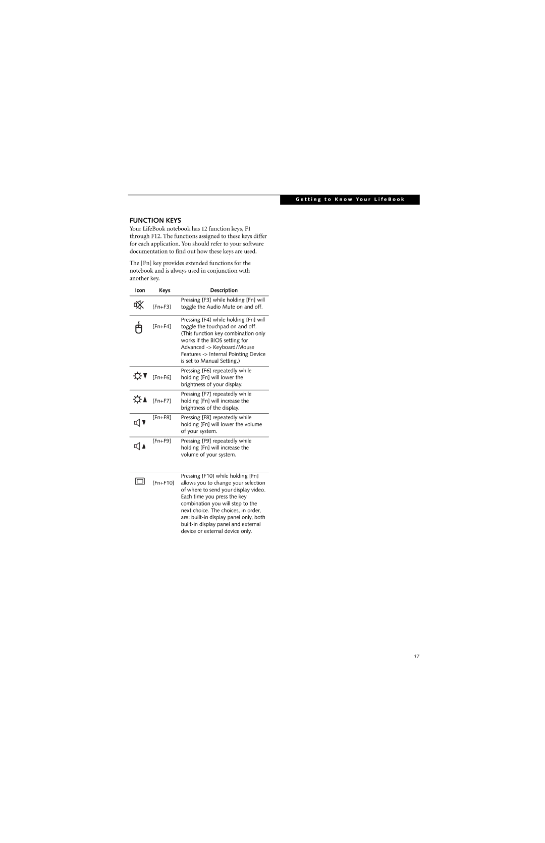 Fujitsu N6400 manual Function Keys, Icon Keys Description 