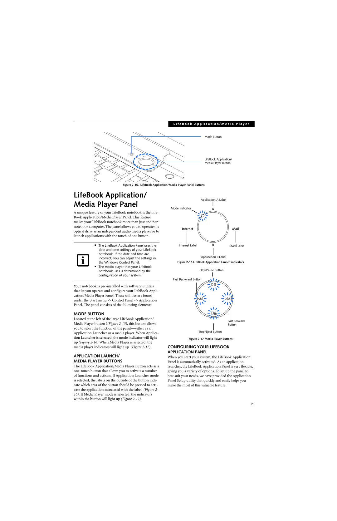 Fujitsu N6400 manual Mode Button, Application Launch Media Player Buttons, Configuring Your Lifebook Application Panel 