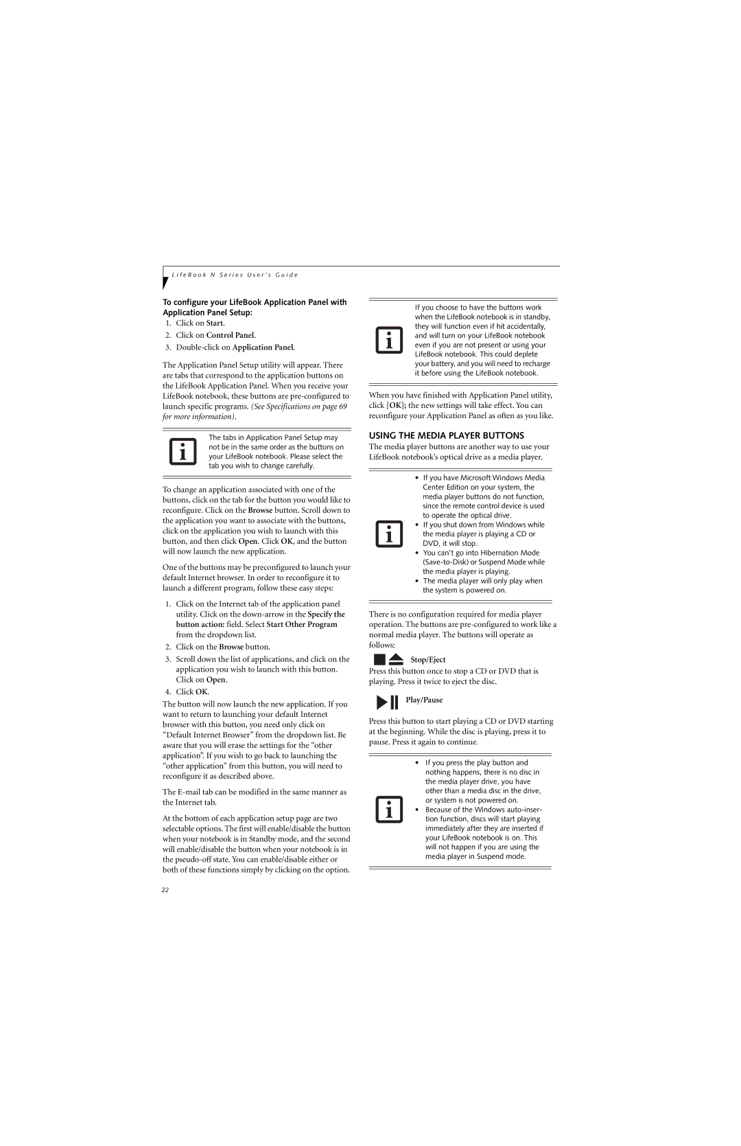 Fujitsu N6400 manual Using the Media Player Buttons, Click on Control Panel, Stop/Eject, Play/Pause 