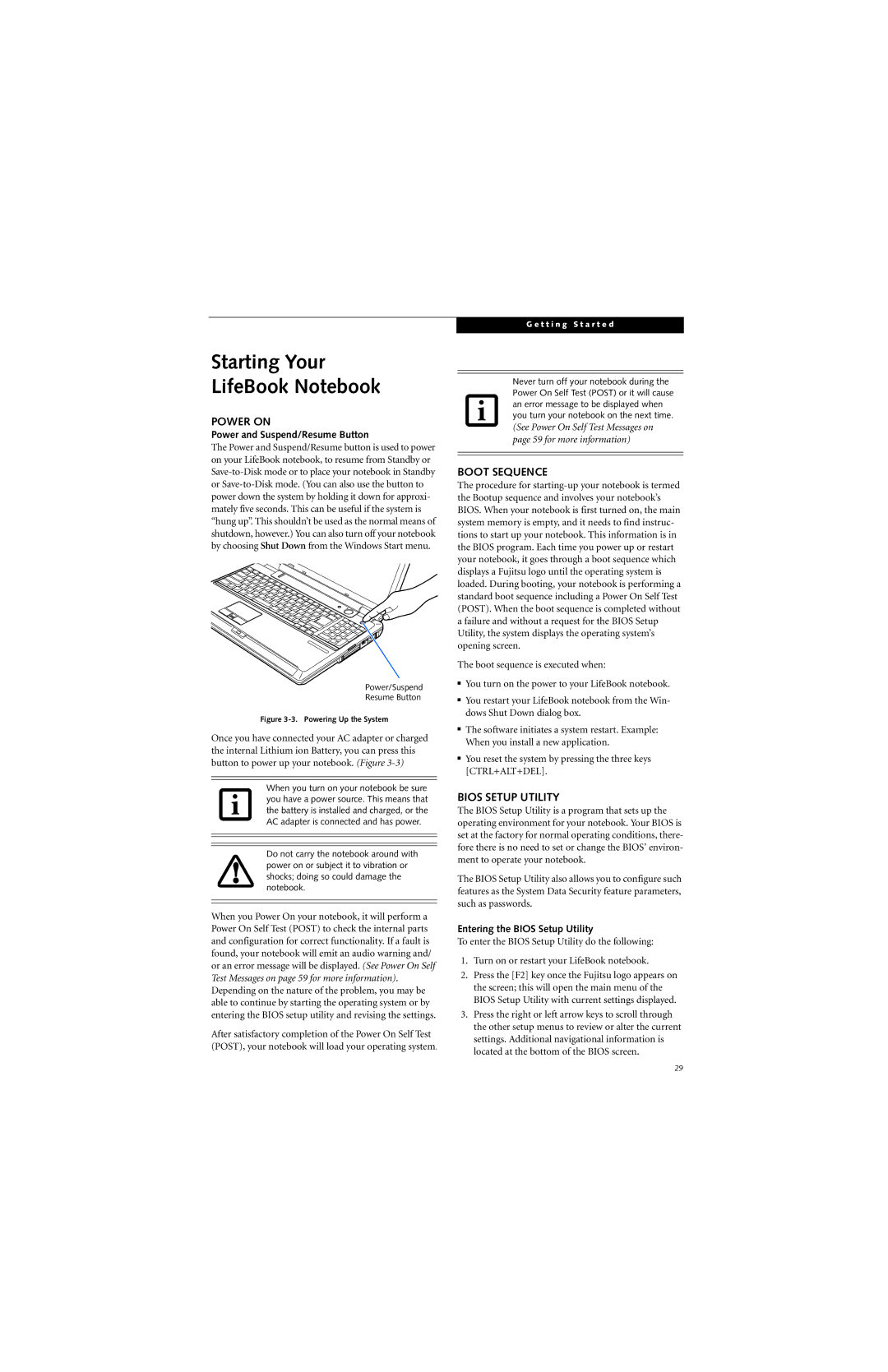 Fujitsu N6400 manual Starting Your LifeBook Notebook, Power on, Boot Sequence, Bios Setup Utility 